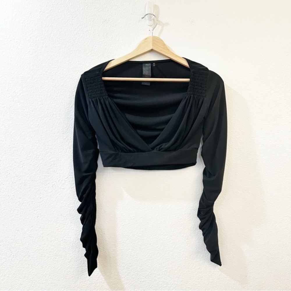 Norma Kamali Gathered Jersey Crop Top Black Ruched Long Sleeves Size XS